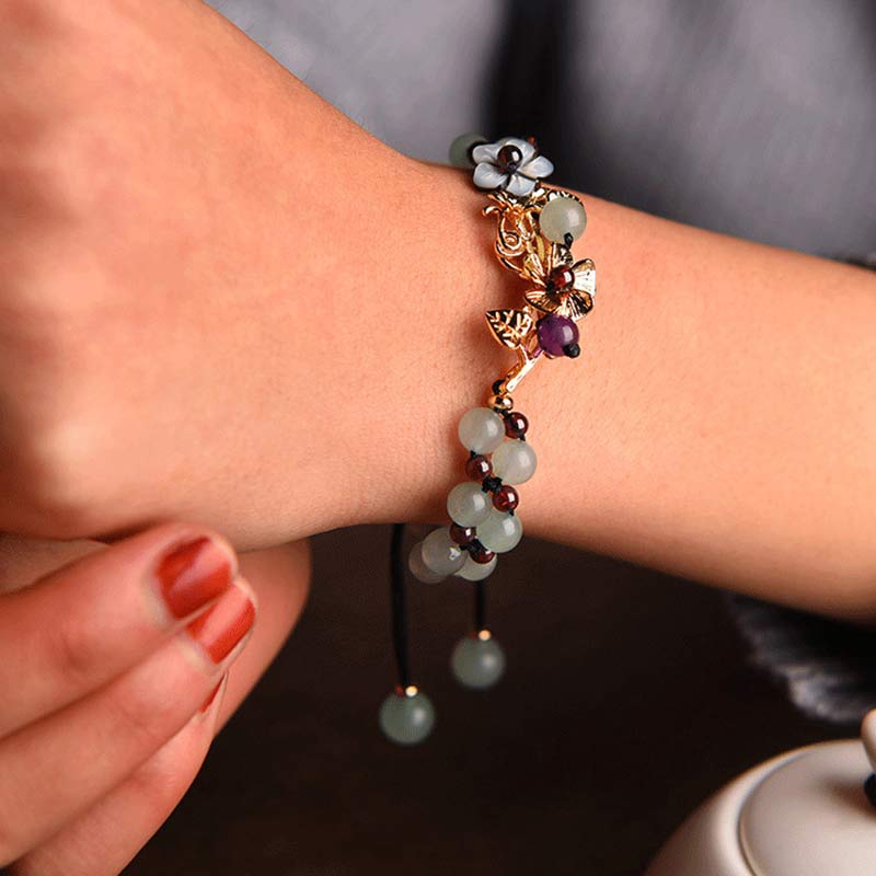 Fortune Jewel Green Aventurine Garnet Bead Flower Petal Luck Bracelet