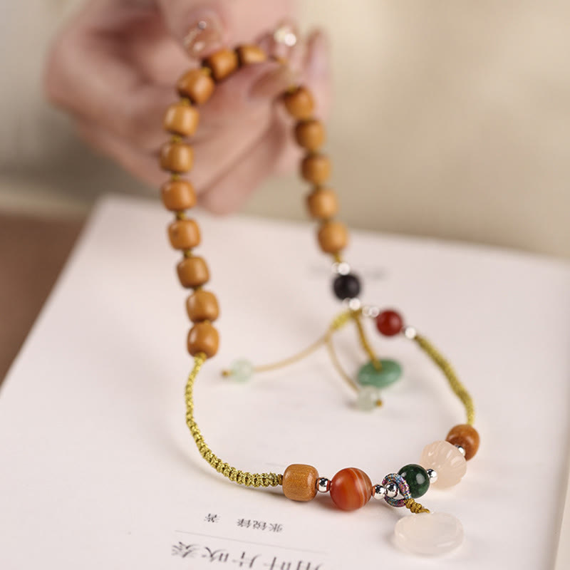 Fortune Jewel Green Sandalwood Chalcedony Peace Buckle Charm Soothing Double Wrap Bracelet