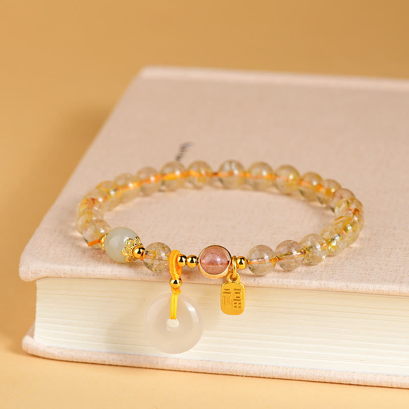 Fortune Jewel Natural Golden Rutilated Quartz Fu Character Peace Buckle Charm Wealth Bracelet