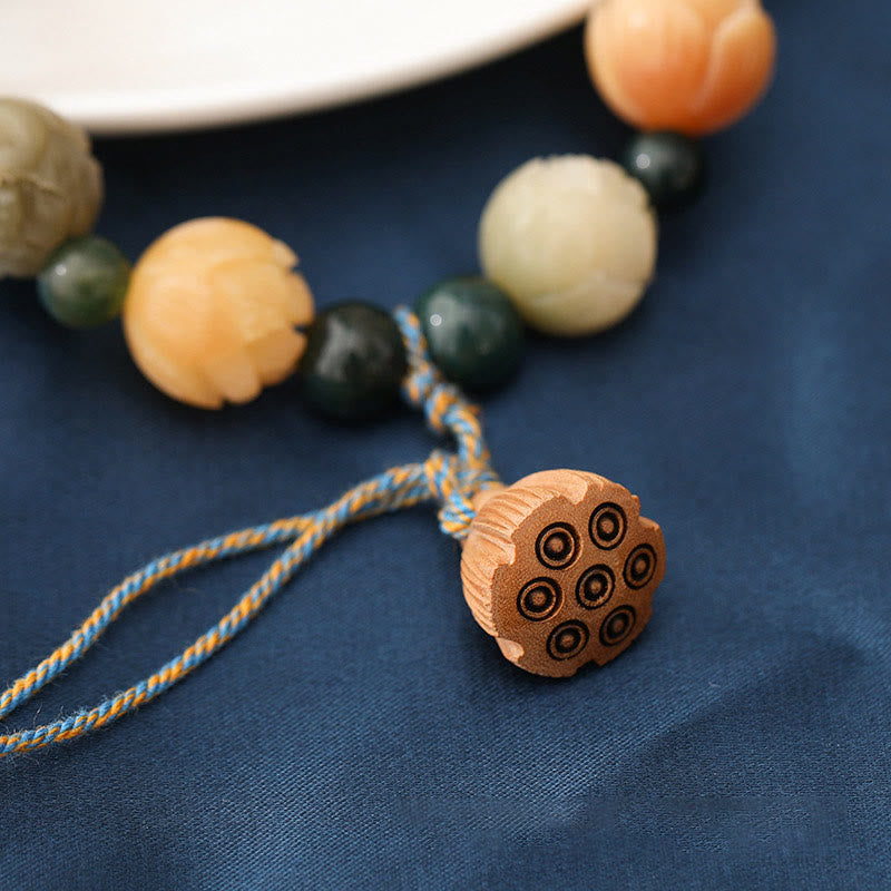 Fortune Jewel Bodhi Seed Lotus Bead Engraved Moss Agate Peace Calm Bracelet