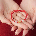 Fortune Jewel Handmade 925 Sterling Silver Peach Blossom Cherry Sakura Chalcedony Bead Luck Red Rope Bracelet