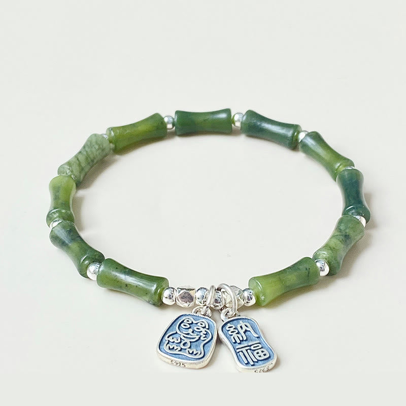 Fortune Jewel 925 Sterling Silver Bamboo Jade Lucky Cat Fu Character Luck Abundance Bracelet