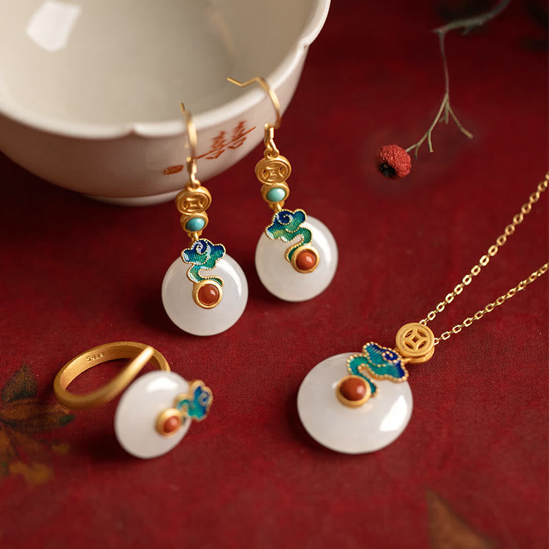 Fortune Jewel Jade Copper Coins Auspicious Clouds Prosperity Necklace Pendant Bracelet Ring Earrings