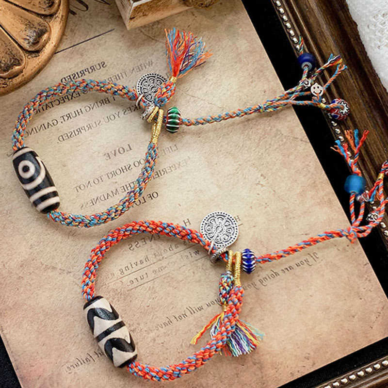 Fortune Jewel Tibetan 925 Sterling Silver Om Mani Padme Hum Handmade Dzi Bead Protection Braid Bracelet
