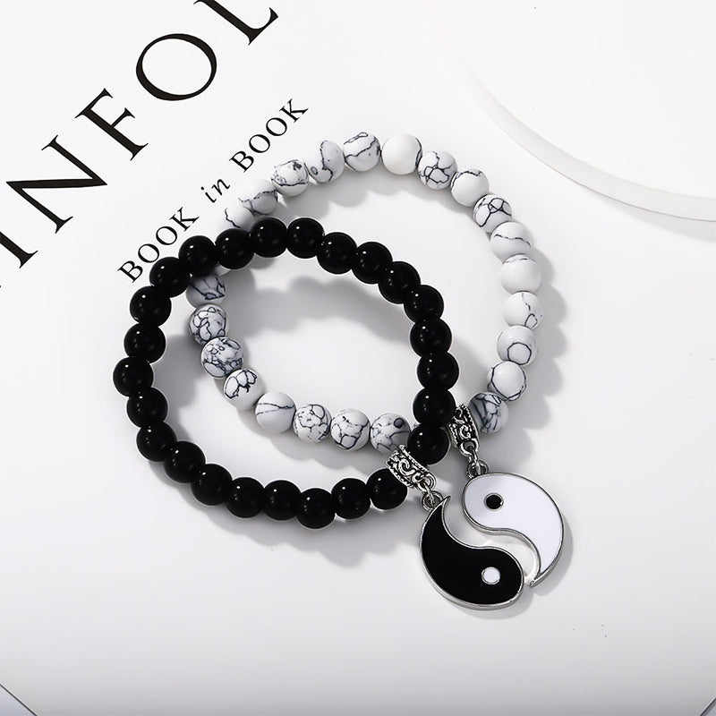 Fortune Jewel 2Pcs Black Onyx White Turquoise Bead Yin Yang Protection Couple Bracelet
