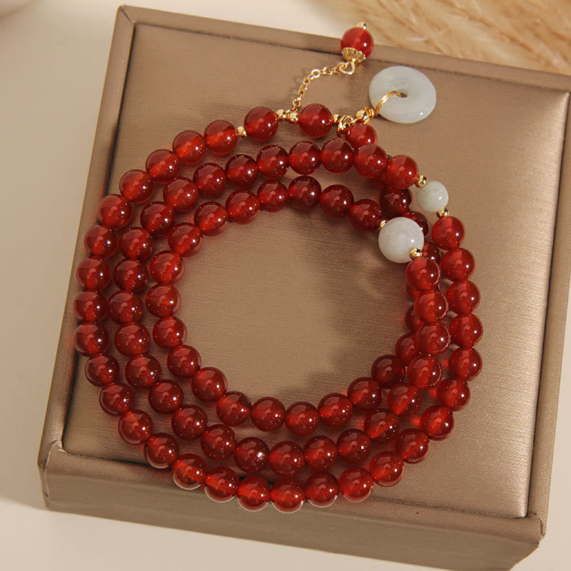 Fortune Jewel Natural Red Agate Jade Peace Buckle Calm Triple Wrap Bracelet