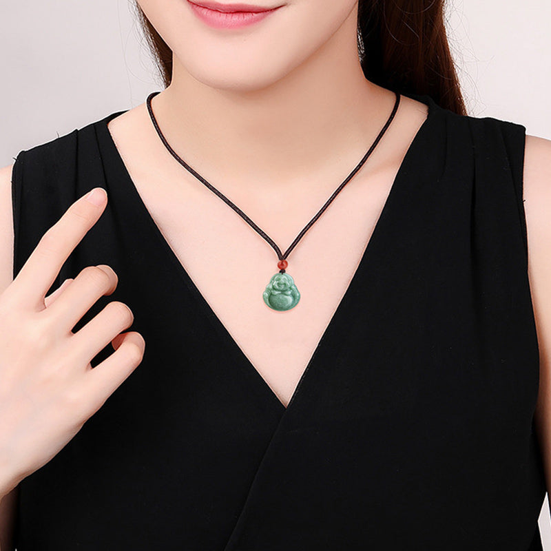 Fortune Jewel Laughing Buddha Cyan Jade Success Necklace String Pendant Fortune Jewel