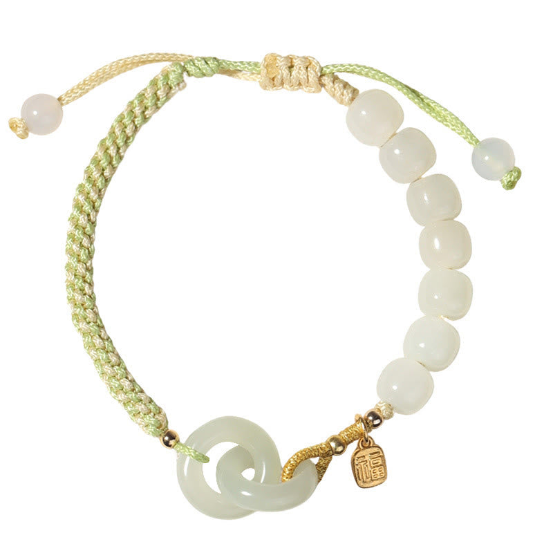 Fortune Jewel Natural Hetian Jade Bead Double Peace Buckle Fu Character Abundance Braided Bracelet