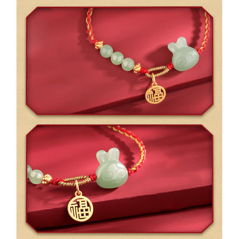 Fortune Jewel 925 Sterling Silver Year of the Rabbit Hetian Jade Happiness Luck Red String Bracelet