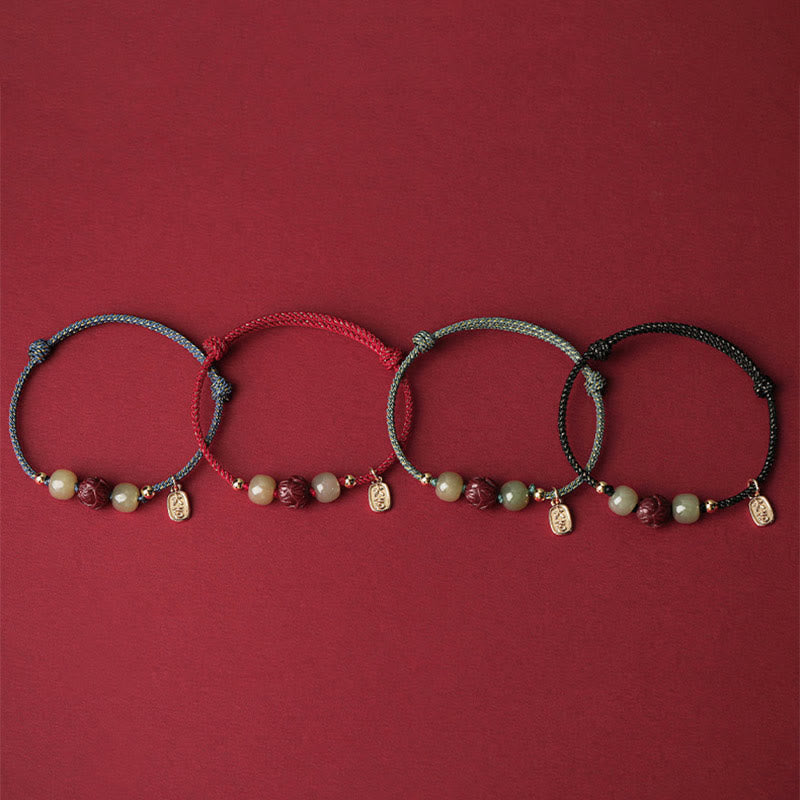 Fortune Jewel 14K Gold Plated Hetian Jade Cinnabar Lotus Luck Handcrafted Rope Bracelet