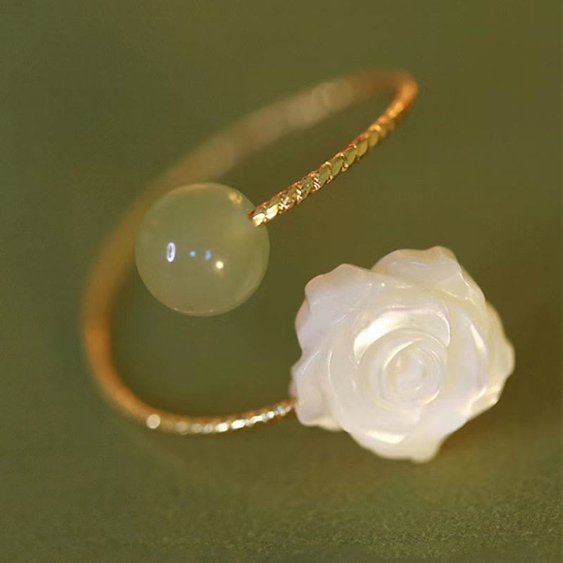 Fortune Jewel 14K Gold Plated Tridacna Stone Rose Flower Jade Bead Blessing Ring