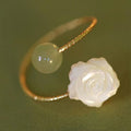 Fortune Jewel 14K Gold Plated Tridacna Stone Rose Flower Jade Bead Blessing Ring