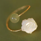 Fortune Jewel 14K Gold Plated Tridacna Stone Rose Flower Jade Bead Blessing Ring