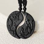 Fortune Jewel Black Obsidian Yin Yang Dragon Phoenix Luck Necklace Pendant
