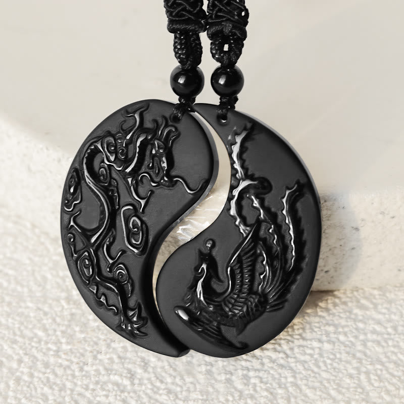 Fortune Jewel Black Obsidian Yin Yang Dragon Phoenix Luck Necklace Pendant