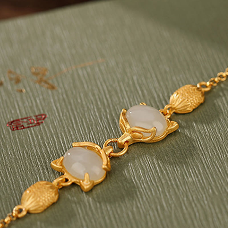 Fortune Jewel 925 Sterling Silver Natural Hetian White Jade Cyan Jade Lovely Fox Luck Bracelet