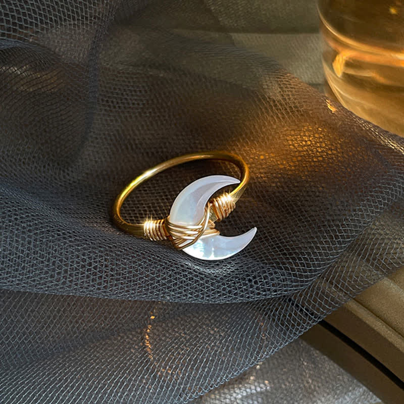 Fortune Jewel Natural Tridacna Stone Moon 14K Gold Blessing Ring - Fortune Jewel