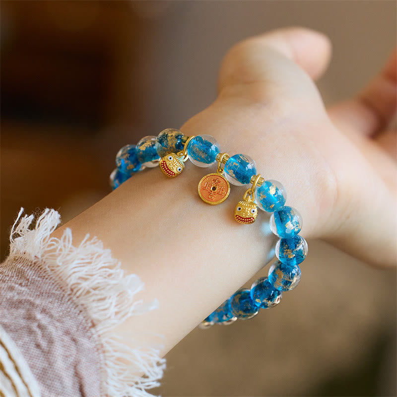 Fortune Jewel Gold Swallowing Beast Copper Coin Good Luck Charm Liuli Glass Bead Fortune Bracelet
