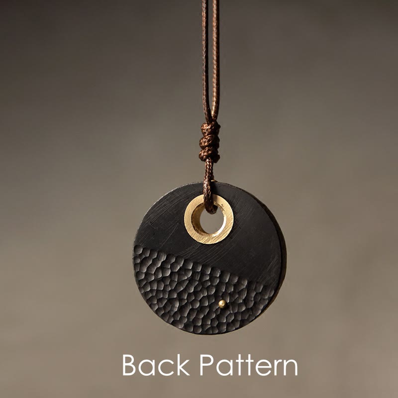 Fortune Jewel Handcrafted Round Ebony Wood Brass Copper Peace Necklace Pendant