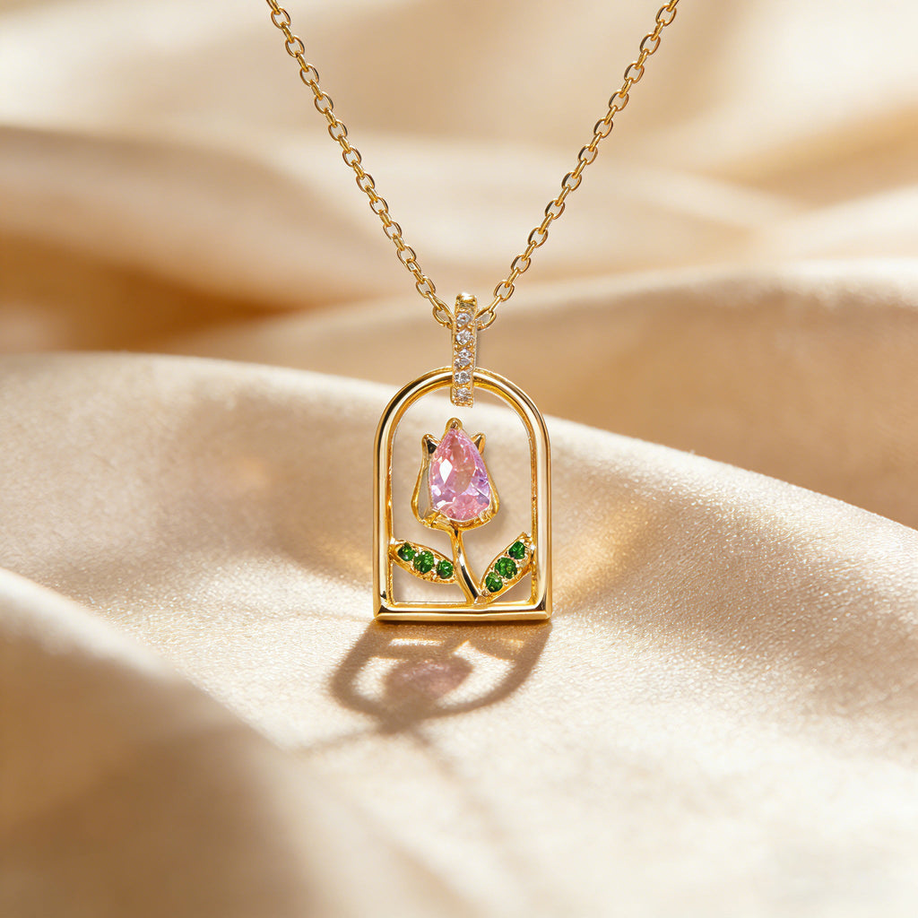 Pink Tulip Pendant Necklace for Women | Gold-Plated Crystal Charm with Thin Delicate Chain