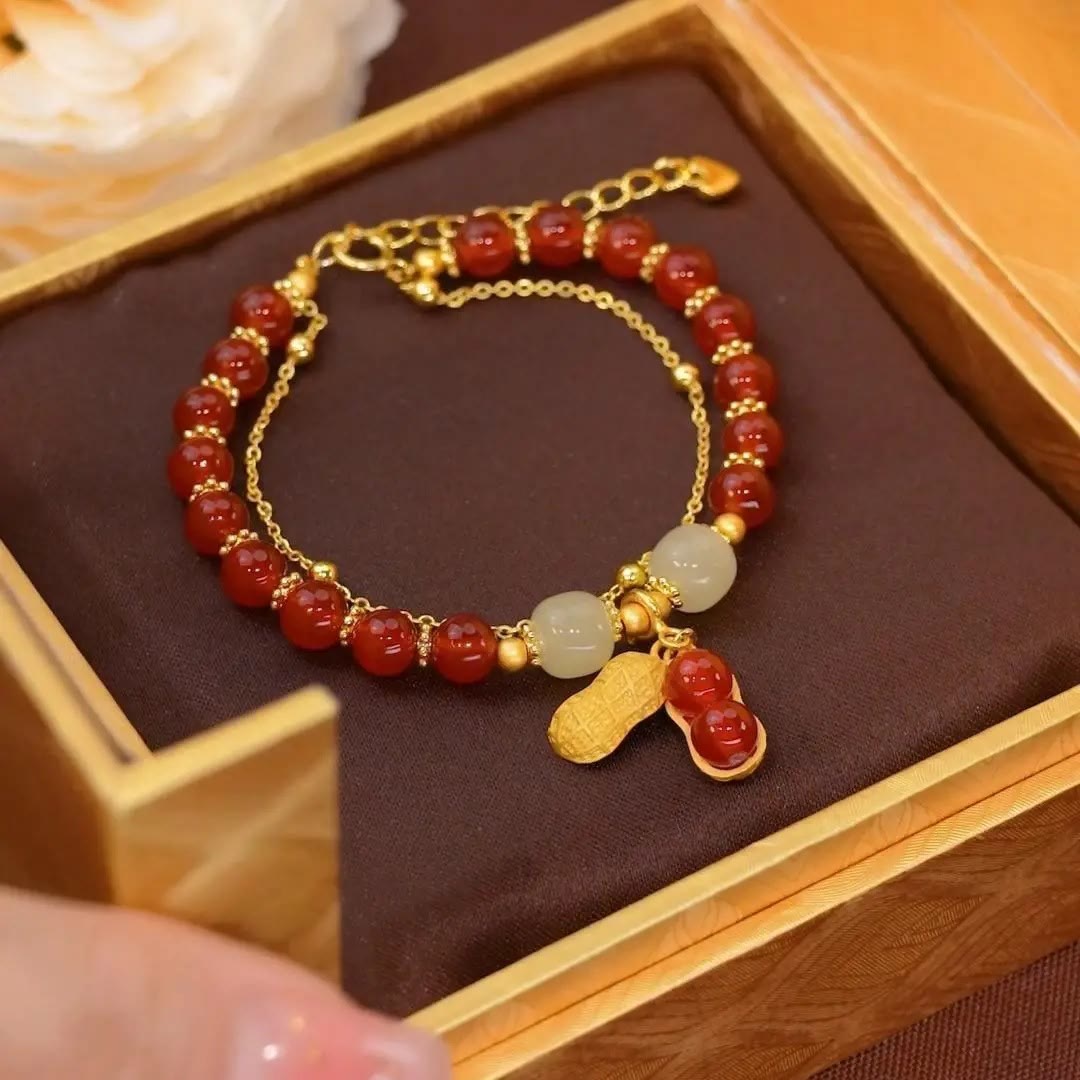 Fortune Jewel Jade Leaf Ginkgo Tulip Peanut Fu Character Luck Beaded Bracelet