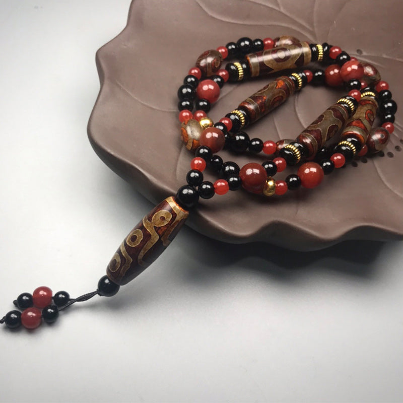 Fortune Jewel Nine-Eye Dzi Bead Red Agate Wealth Health Necklace