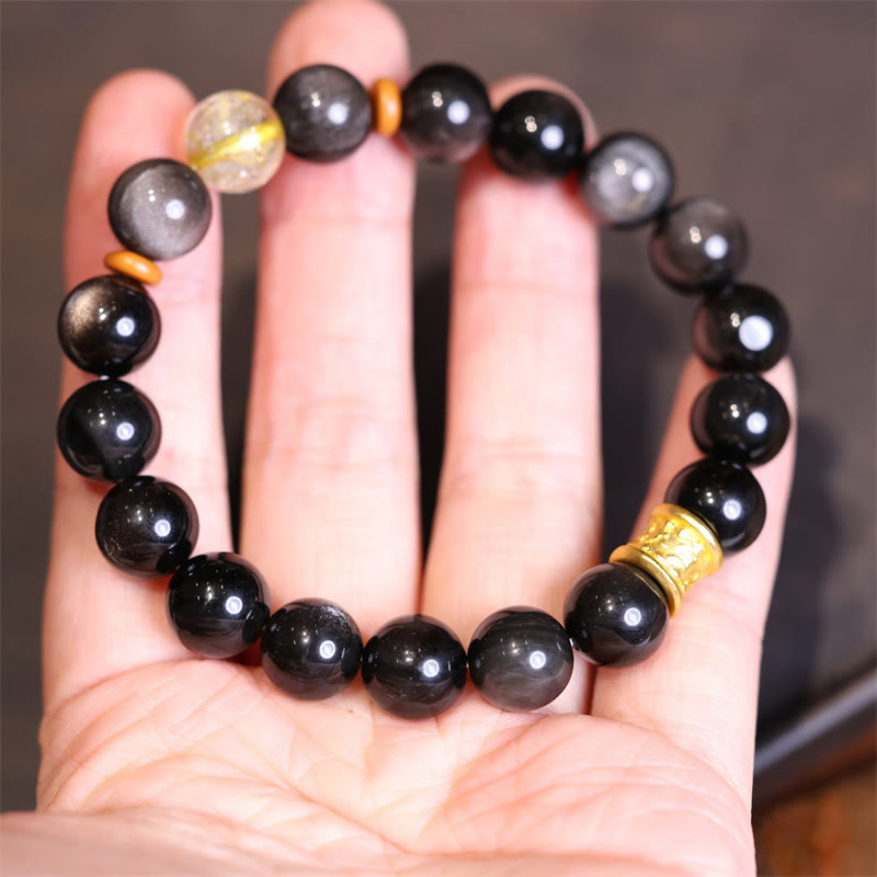 Fortune Jewel Natural Silver Sheen Obsidian Crystal Om Mani Padme Hum Bead Protection Bracelet