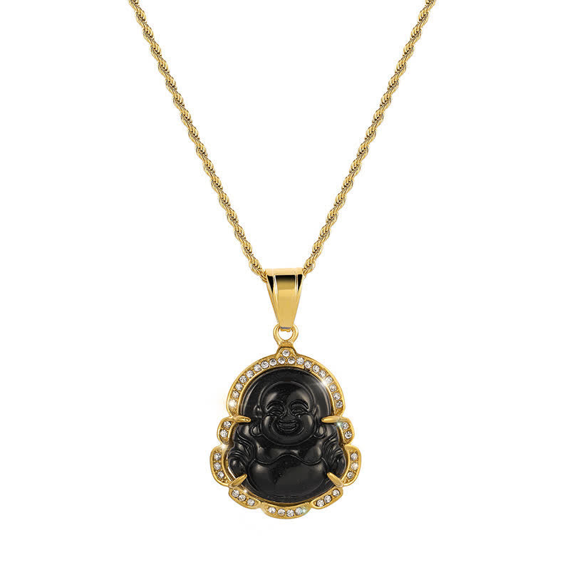 Fortune Jewel 18K Gold Filled Laughing Buddha Jade Luck Necklace Chain Pendant Fortune Jewel