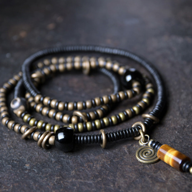 Fortune Jewel Ebony Wood Dzi Bead Copper Peace Couple Bracelet Necklace Pendant