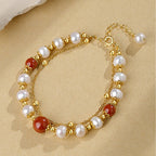 Fortune Jewel 925 Sterling Silver Pearl Cinnabar Wisdom Bead Double Layer Chain Bracelet