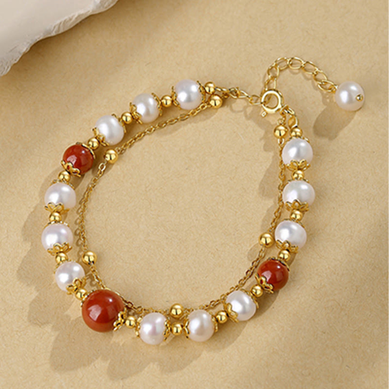 Fortune Jewel 925 Sterling Silver Pearl Cinnabar Wisdom Bead Double Layer Chain Bracelet