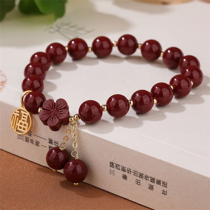 Fortune Jewel Cinnabar Fu Character Cherry Blossom Blessing Bracelet
