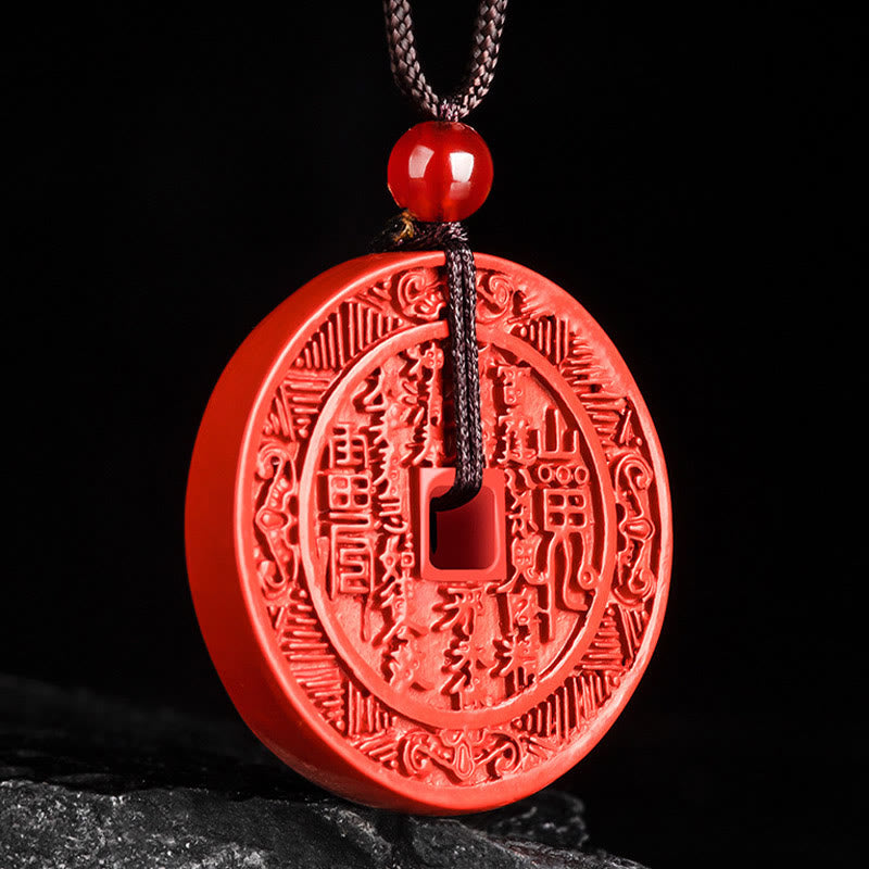 Fortune Jewel Natural Cinnabar Mountain Ghosts Spend Money Bagua Design Blessing Necklace Pendant
