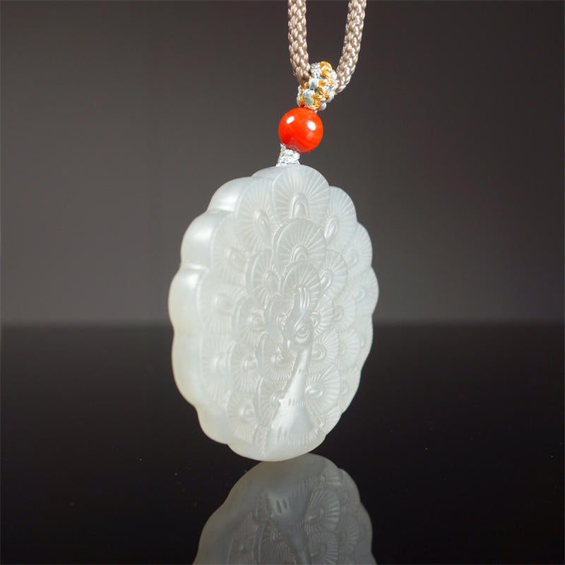 Fortune Jewel White Jade Peacock Protection Blessing Necklace Pendant