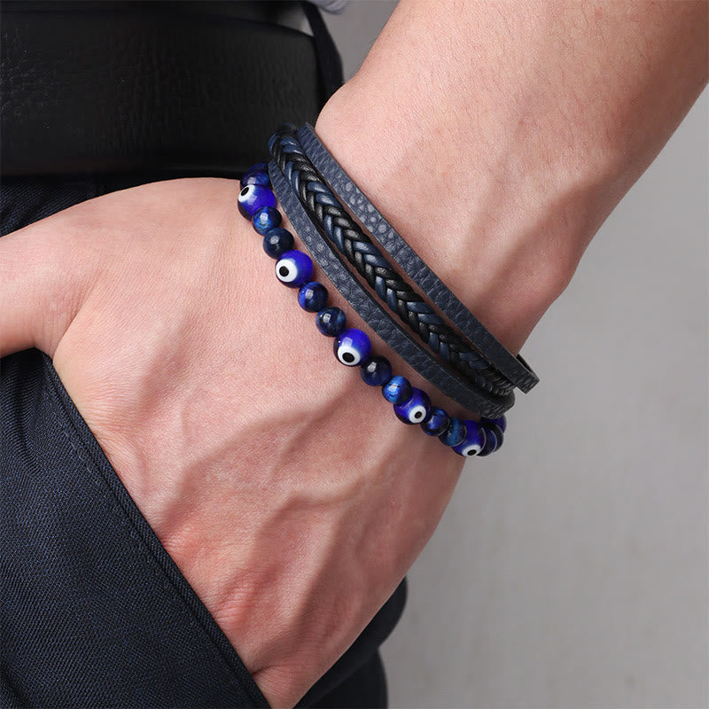 Fortune Jewel Evil Eye Tiger Eye Protection Beaded Multilayered Braided Bracelet