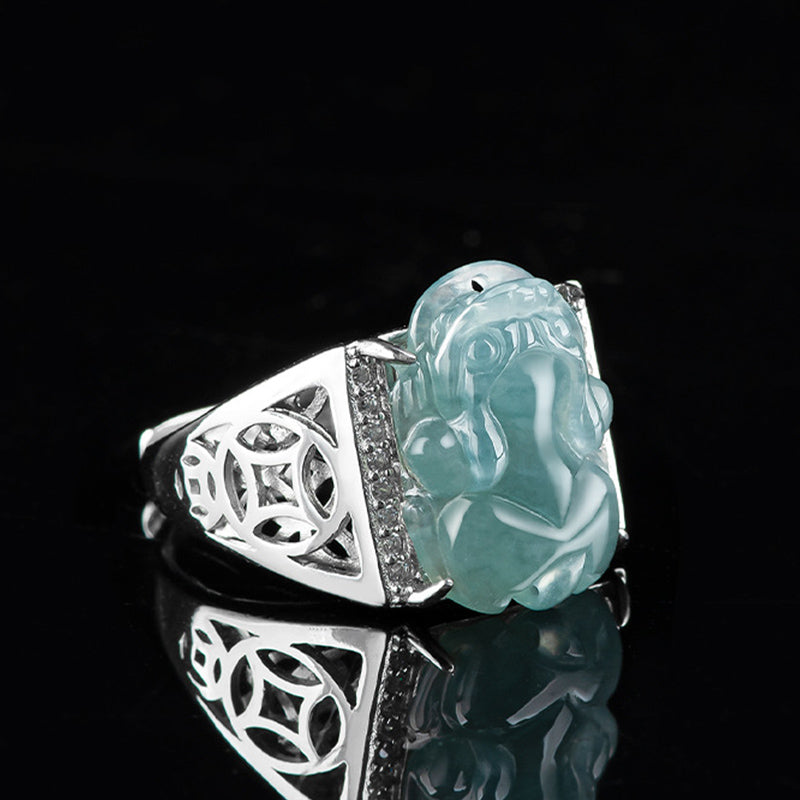 Fortune Jewel 925 Sterling Silver Fengshui Wealth Prosperity Jade PiXiu Luck Ring