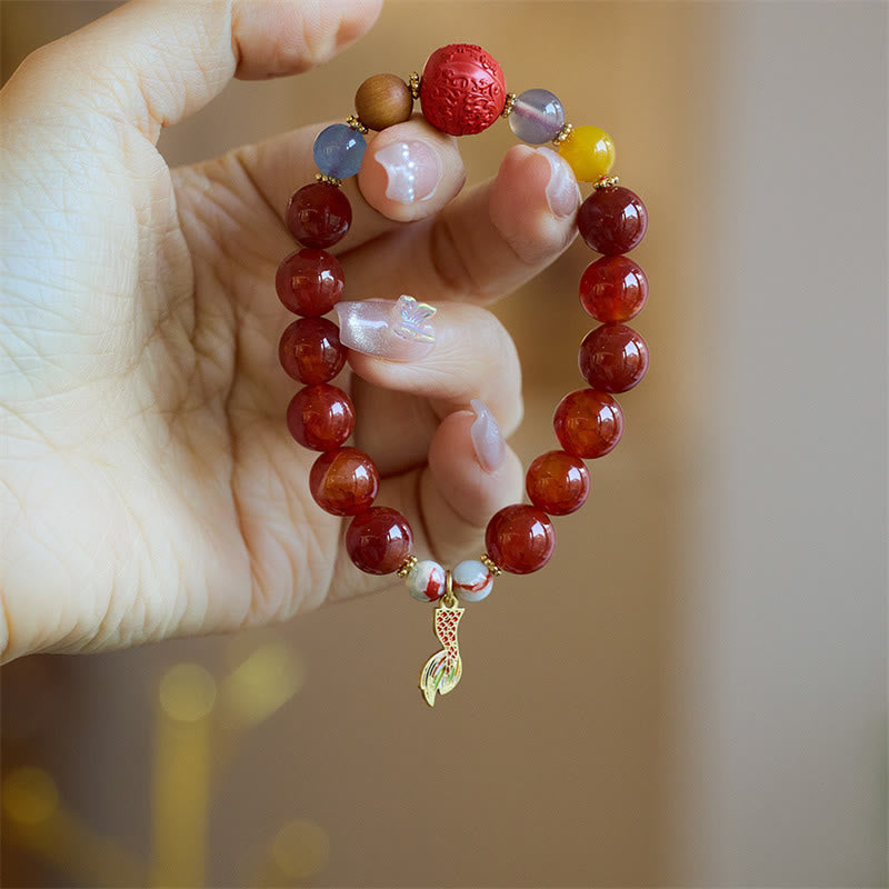 Fortune Jewel Natural Red Agate Peace Talisman Fu Character Dragon Tail Confidence Charm Bracelet