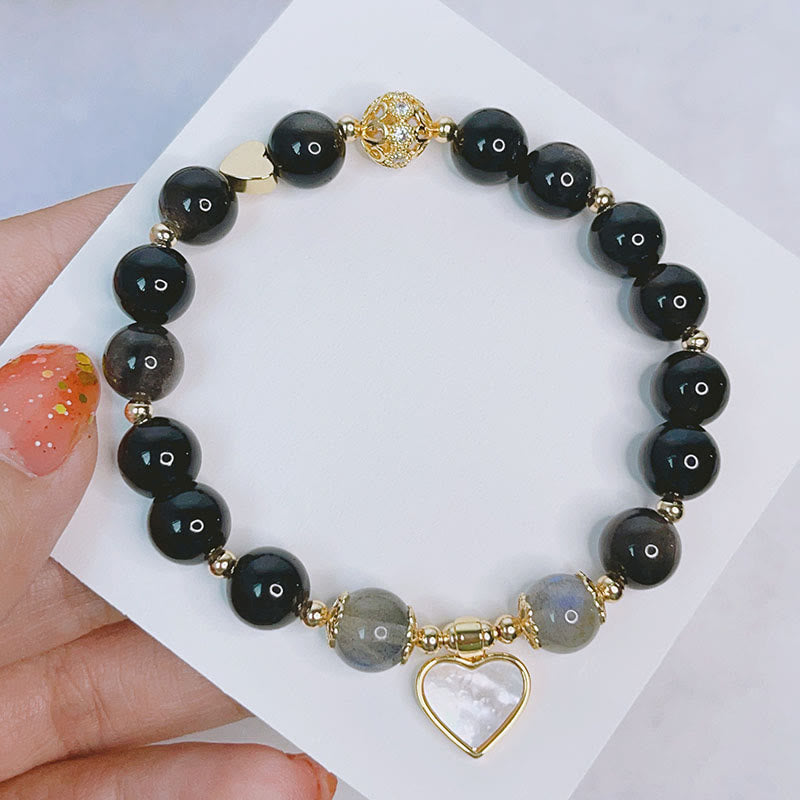 Fortune Jewel Natural Silver Sheen Obsidian Love Heart Star Flower Protection Bracelet