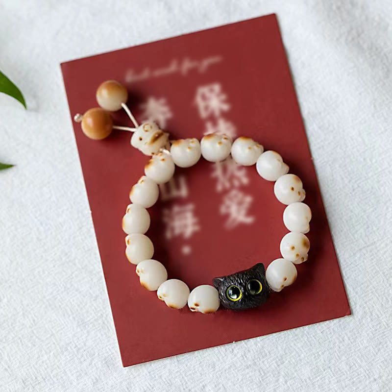 Fortune Jewel Natural Bodhi Seed Red Sandalwood Lovely Paw Lucky Cat Peace Bracelet