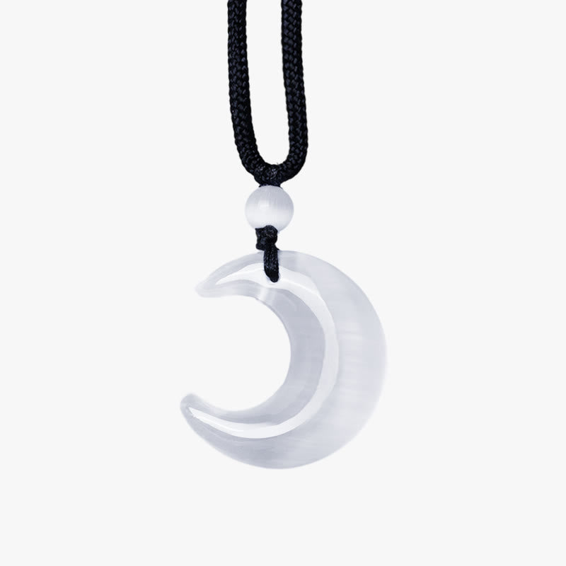 Fortune Jewel Natural Silver Sheen Obsidian Selenite Crystal Crescent Moon Yin Yang Couple Protection Necklace Pendant