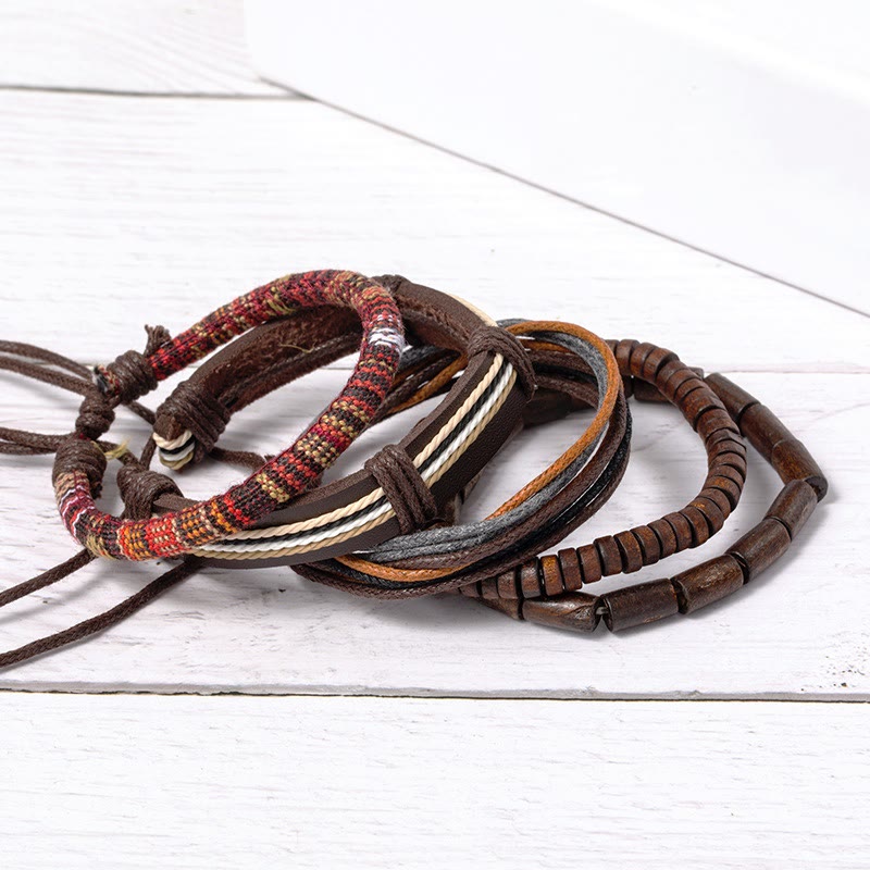 Fortune Jewel Wrap Hemp Cords Wood Beads Leather Bracelet