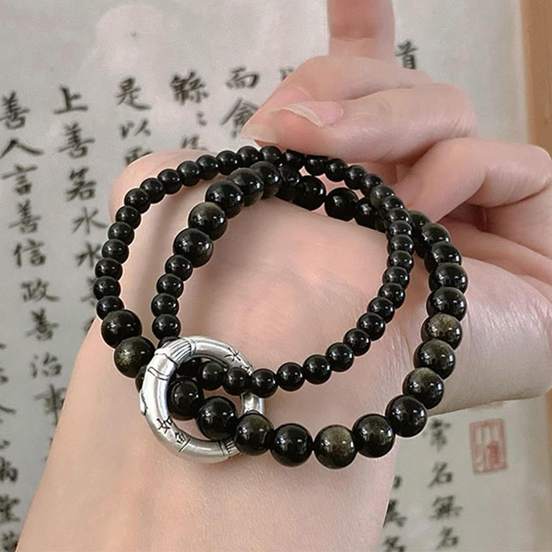 Fortune Jewel 999 Sterling Silver Black Obsidian Fulfillment Strength Double Layer Bracelet