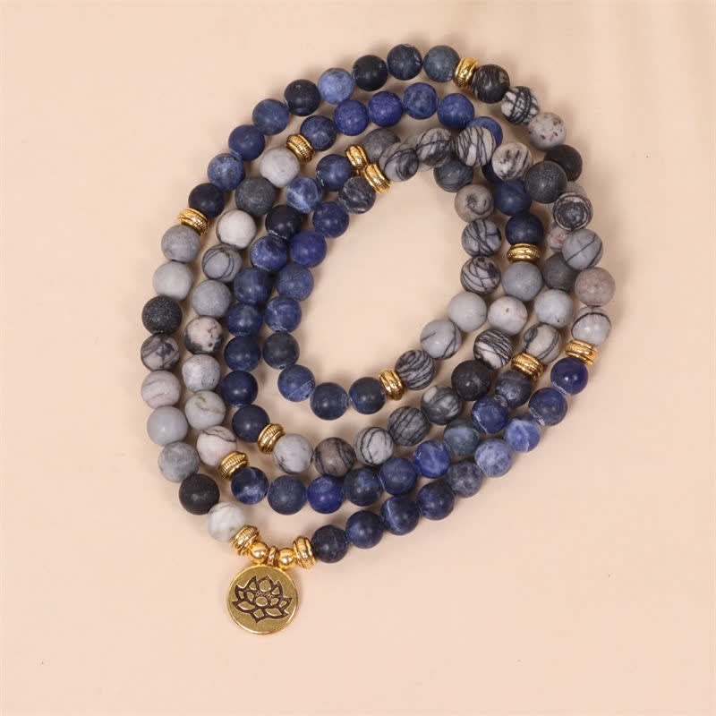 Fortune Jewel 108 Mala Beads Sodalite Zebra Jasper Crystal Lotus Strength Bracelet