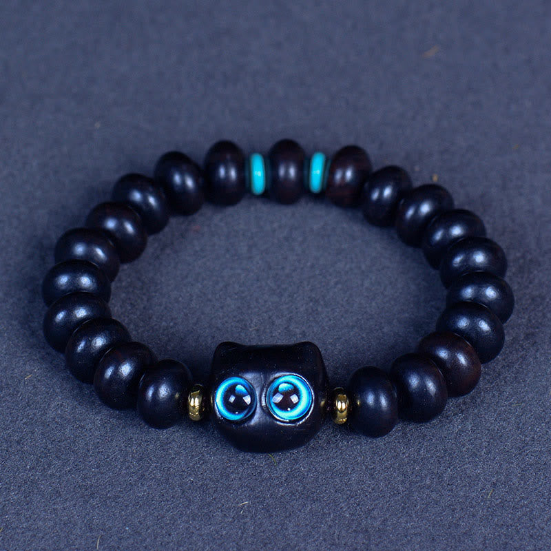 Fortune Jewel Ebony Wood Liuli Glass Lovely Cat Peace Balance Bracelet