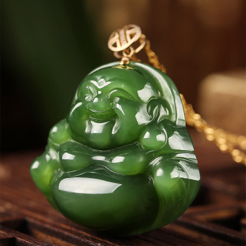 Fortune Jewel 925 Sterling Silver Laughing Buddha Hetian Cyan Jade 18K Gold Success Necklace Chain Pendant Fortune Jewel