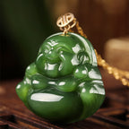 Fortune Jewel 925 Sterling Silver Laughing Buddha Hetian Cyan Jade 18K Gold Success Necklace Chain Pendant Fortune Jewel