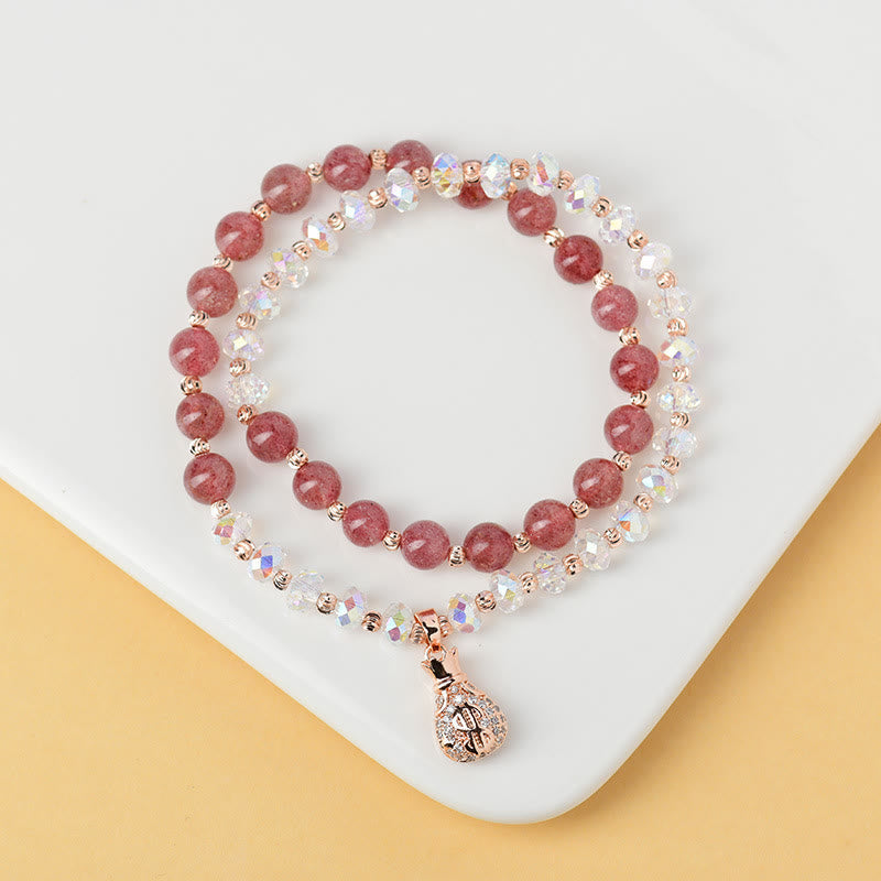 Fortune Jewel Strawberry Quartz White Crystal Money Bag Charm Positive Bracelet