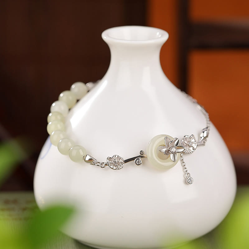 Fortune Jewel 925 Sterling Silver Hetian Jade Peace Buckle Lotus Luck Chain Bracelet