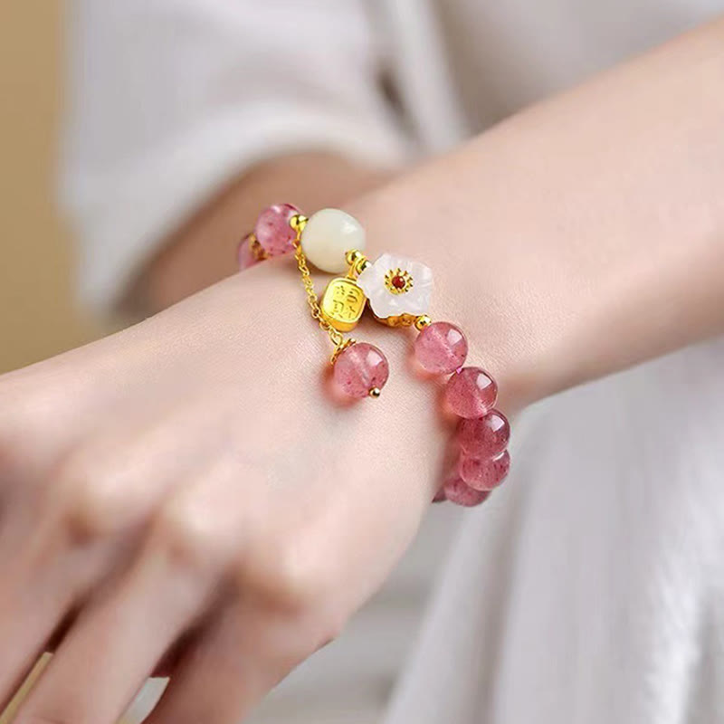Fortune Jewel Strawberry Quartz Fu Character Pink Crystal Healing Bracelet