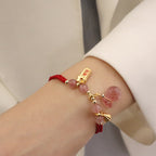 Fortune Jewel Natural Strawberry Quartz Money Bag Lotus Healing Charm Red String Braided Bracelet